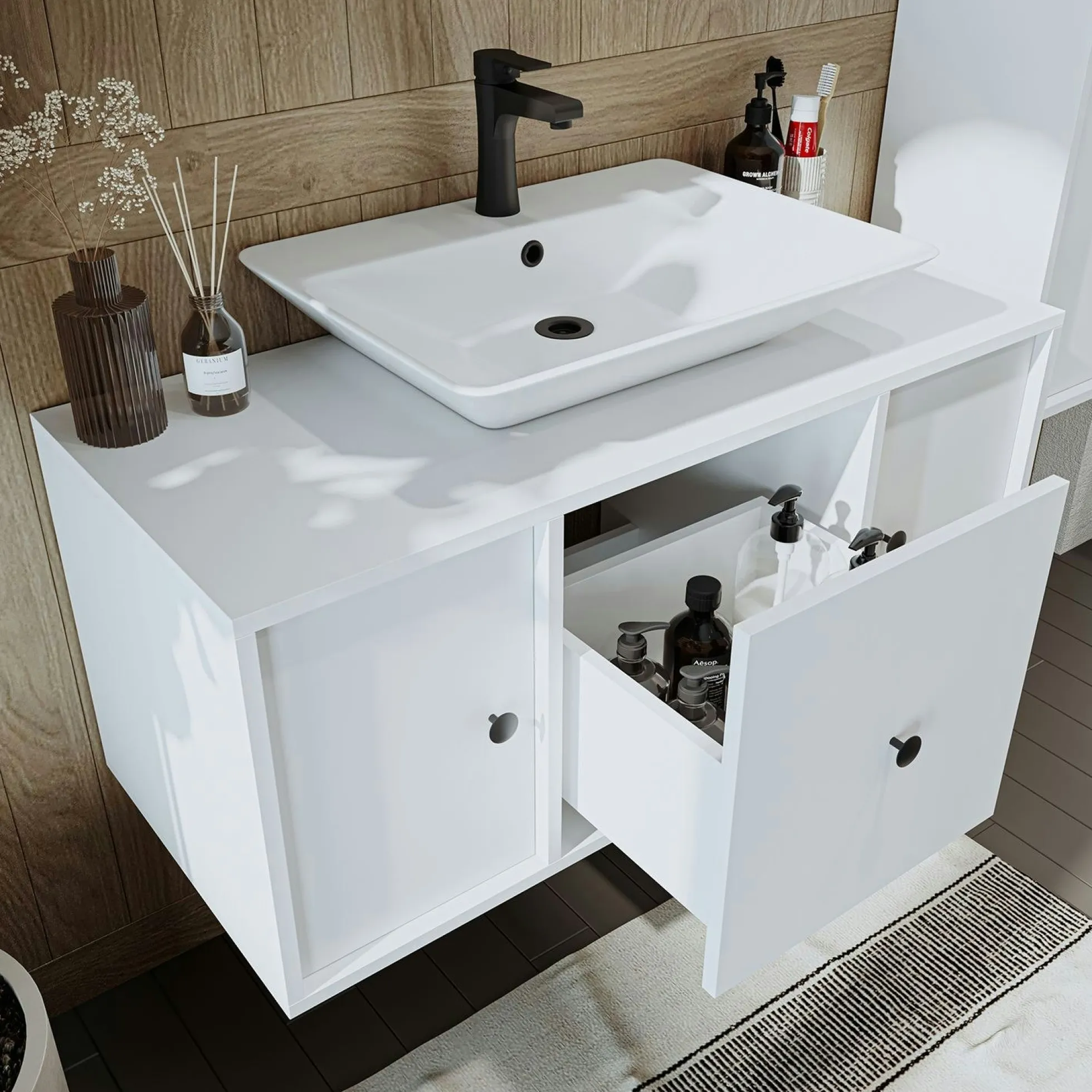 Meuble vasque suspendu 105 cm blanc 2 portes 1 tiroir SIREN