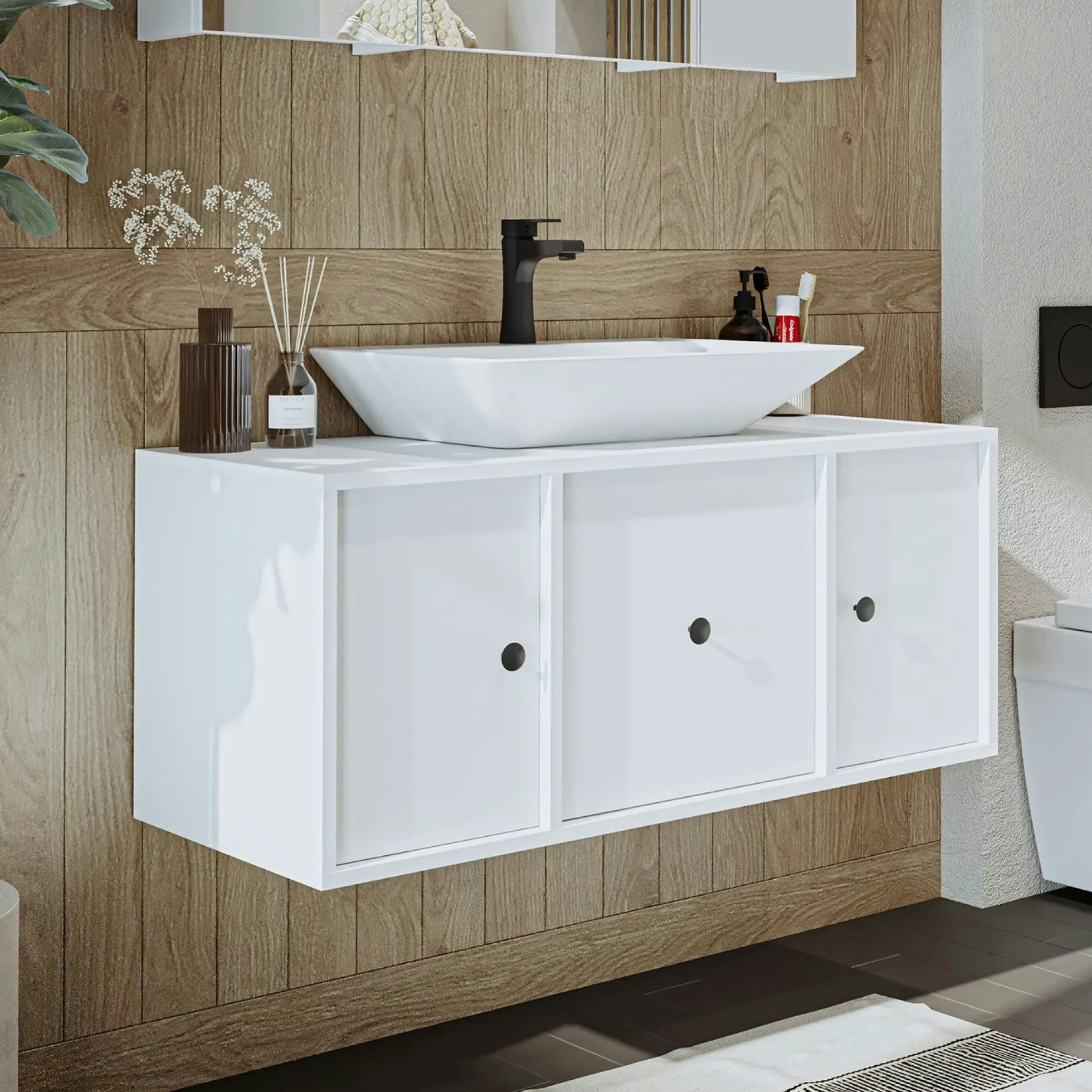 Meuble vasque suspendu 105 cm blanc 2 portes 1 tiroir SIREN