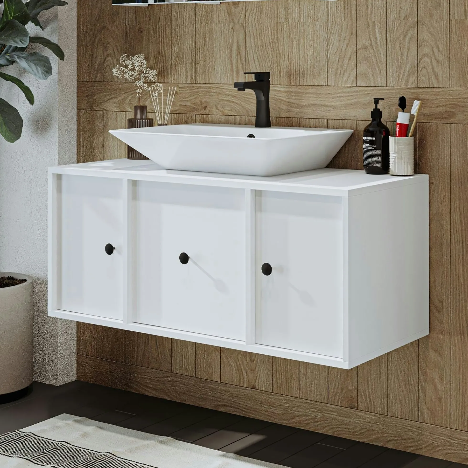 Meuble vasque suspendu 105 cm blanc 2 portes 1 tiroir SIREN