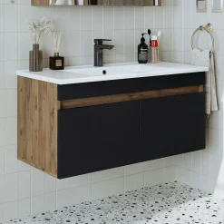 Meuble vasque suspendu 100 cm décor pin et gris 2 portes AQUO