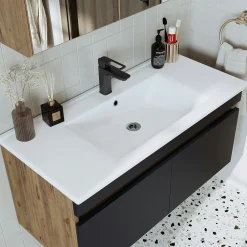 Meuble vasque suspendu 100 cm décor pin et gris 2 portes AQUO