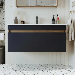 Meuble vasque suspendu 100 cm décor pin et gris 2 portes AQUO