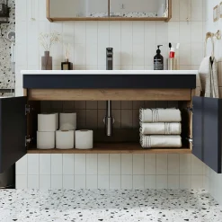 Meuble vasque suspendu 100 cm décor pin et gris 2 portes AQUO