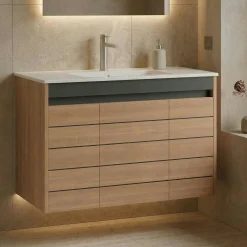 Meuble vasque suspendu 100 cm décor chêne 3 portes AÏGA