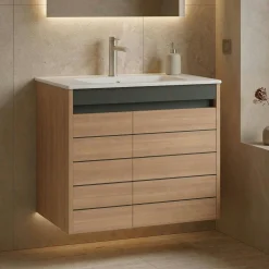 Meuble vasque suspendu 80 cm décor chêne 2 portes AÏGA