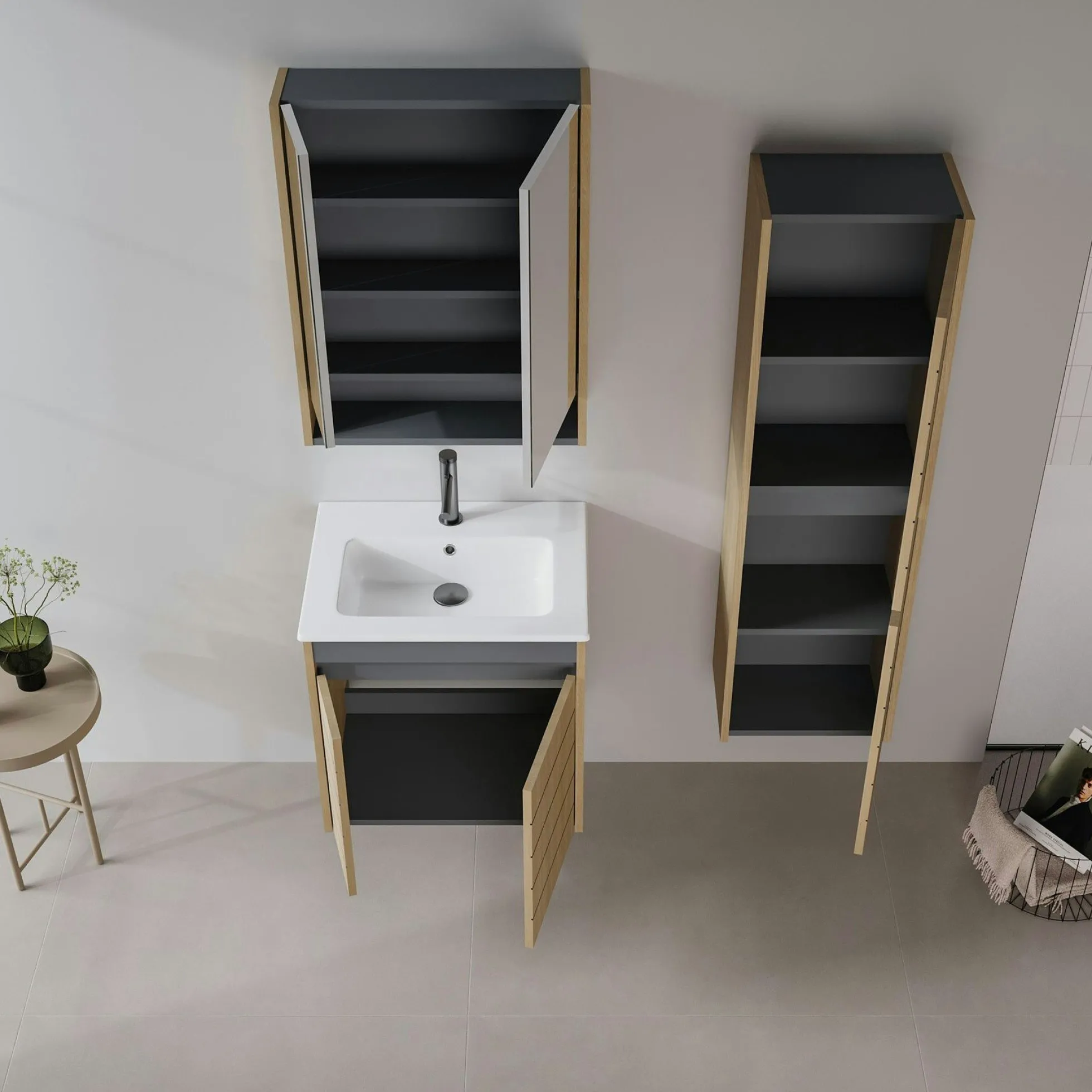 Meuble vasque suspendu 60 cm décor chêne 2 portes AÏGA