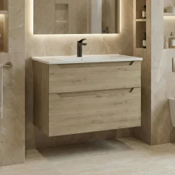 Meuble vasque suspendu 85 cm décor chêne 2 tiroirs ELYO