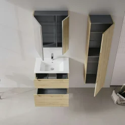 Meuble vasque suspendu 65 cm décor chêne 2 tiroirs ELYO