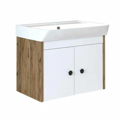 Meuble vasque suspendu 60 cm décor pin et blanc 2 portes JUSA
