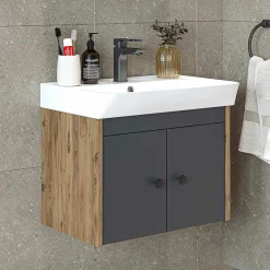 Meuble vasque suspendu 60 cm décor pin et gris 2 portes JUSA