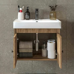 Meuble vasque suspendu 60 cm décor pin 2 portes JUSA