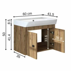 Meuble vasque suspendu 60 cm décor pin 2 portes JUSA