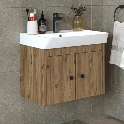 Meuble vasque suspendu 60 cm décor pin 2 portes JUSA