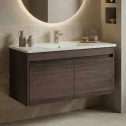 Meuble vasque suspendu 100 cm décor bois foncé 2 portes MOANA