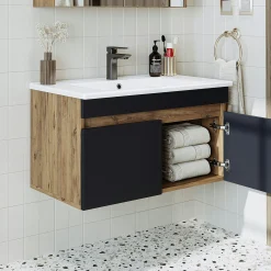 Meuble vasque suspendu 85 cm décor pin et gris 2 portes LAAN