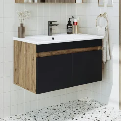 Meuble vasque suspendu 85 cm décor pin et gris 2 portes LAAN