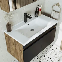 Meuble vasque suspendu 85 cm décor pin et gris 2 portes LAAN