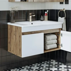 Meuble vasque suspendu 85 cm décor pin et blanc 2 portes LAAN
