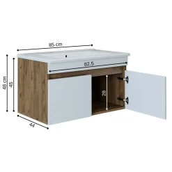 Meuble vasque suspendu 85 cm décor pin et blanc 2 portes LAAN