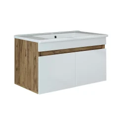 Meuble vasque suspendu 85 cm décor pin et blanc 2 portes LAAN