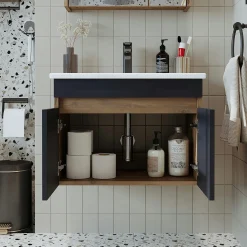 Meuble vasque suspendu 65 cm décor pin et gris 2 portes LAO