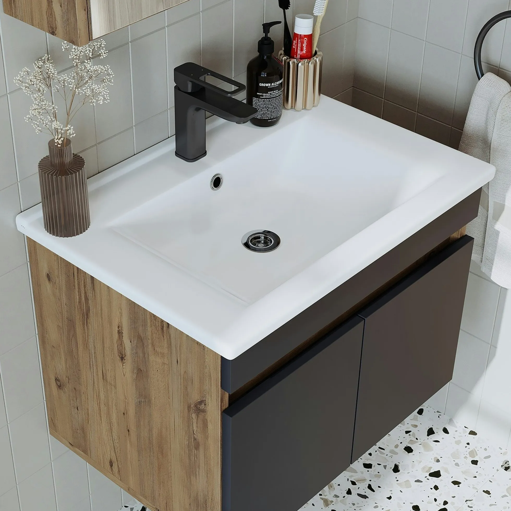 Meuble vasque suspendu 65 cm décor pin et gris 2 portes LAO