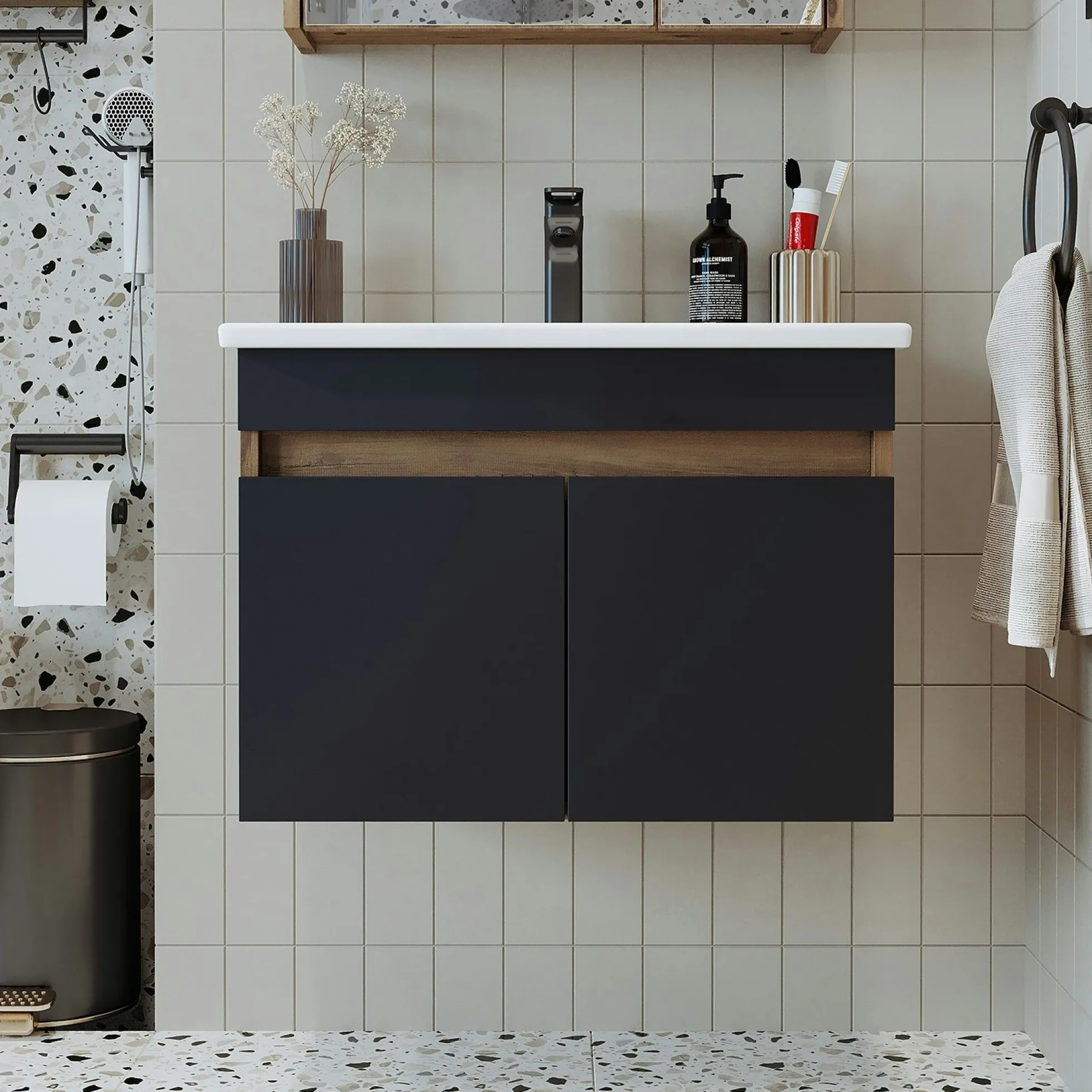 Meuble vasque suspendu 65 cm décor pin et gris 2 portes LAO