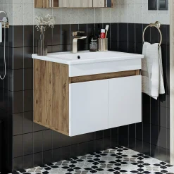 Meuble vasque suspendu 65 cm décor pin et blanc 2 portes LAO