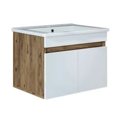 Meuble vasque suspendu 65 cm décor pin et blanc 2 portes LAO