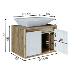 Meuble vasque suspendu 65 cm décor pin et blanc 2 portes MARN
