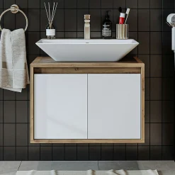 Meuble vasque suspendu 65 cm décor pin et blanc 2 portes MARN