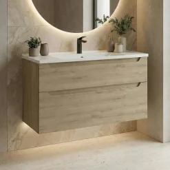Meuble vasque suspendu 100 cm décor chêne 2 tiroirs ELYO