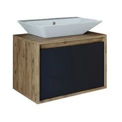 Meuble vasque suspendu 65 cm décor pin et gris 2 portes MARN