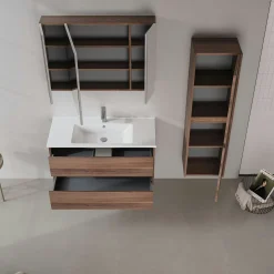 Meuble vasque suspendu 100 cm décor bois foncé 2 tiroirs MOANA