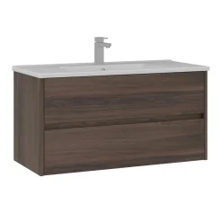 Meuble vasque suspendu 100 cm décor bois foncé 2 tiroirs MOANA
