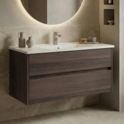 Meuble vasque suspendu 100 cm décor bois foncé 2 tiroirs MOANA