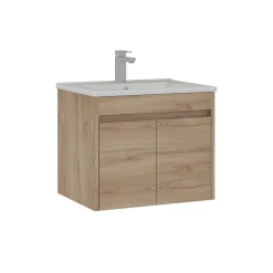 Meuble vasque suspendu 65 cm décor chêne 2 portes MOANA