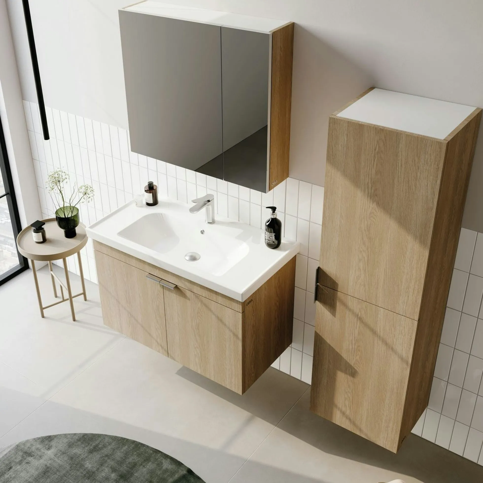 Meuble vasque suspendu 90 cm décor chêne 2 portes NEA