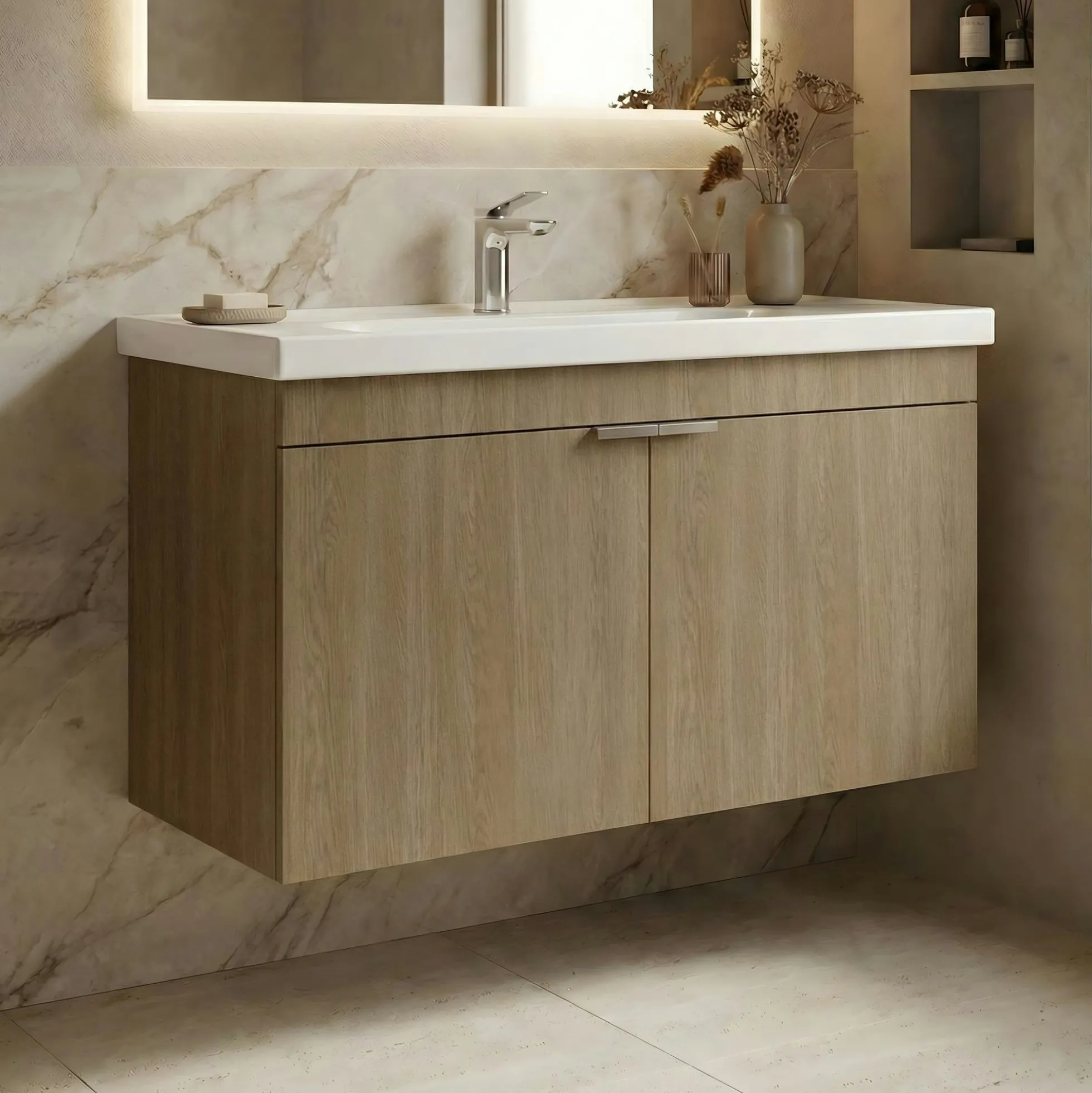 Meuble vasque suspendu 90 cm décor chêne 2 portes NEA