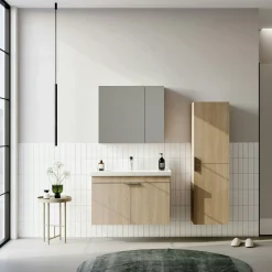 Meuble vasque suspendu 80 cm décor chêne 2 portes NEA
