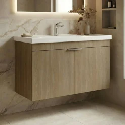 Meuble vasque suspendu 80 cm décor chêne 2 portes NEA