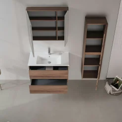 Meuble vasque suspendu 85 cm décor bois foncé 2 tiroirs MOANA