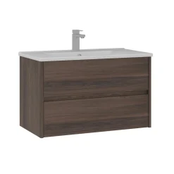 Meuble vasque suspendu 85 cm décor bois foncé 2 tiroirs MOANA