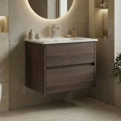 Meuble vasque suspendu 65 cm décor bois foncé 2 tiroirs MOANA