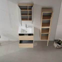 Meuble vasque suspendu 65 cm décor chêne 2 tiroirs MOANA