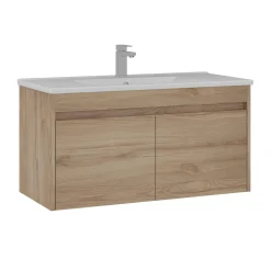 Meuble vasque suspendu 100 cm décor chêne 2 portes MOANA