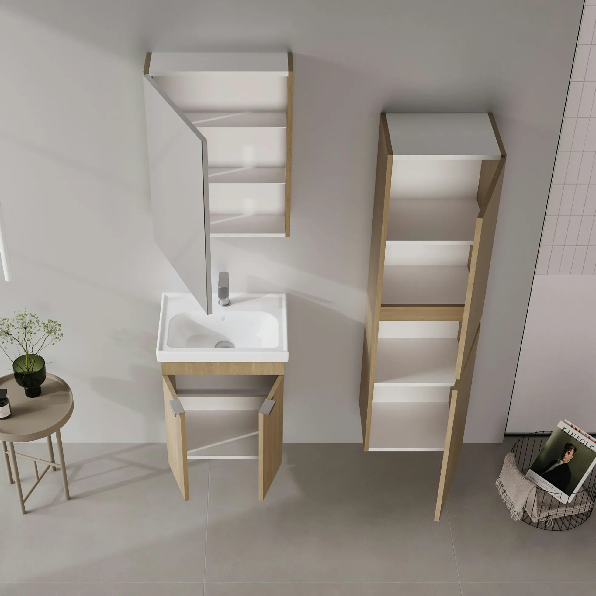 Meuble vasque suspendu 50 cm décor chêne 2 portes NEA
