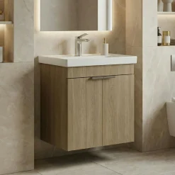 Meuble vasque suspendu 50 cm décor chêne 2 portes NEA