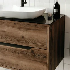 Meuble vasque suspendu 100 cm décor bois foncé 2 tiroirs NEÏS