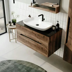 Meuble vasque suspendu 100 cm décor bois foncé 2 tiroirs NEÏS